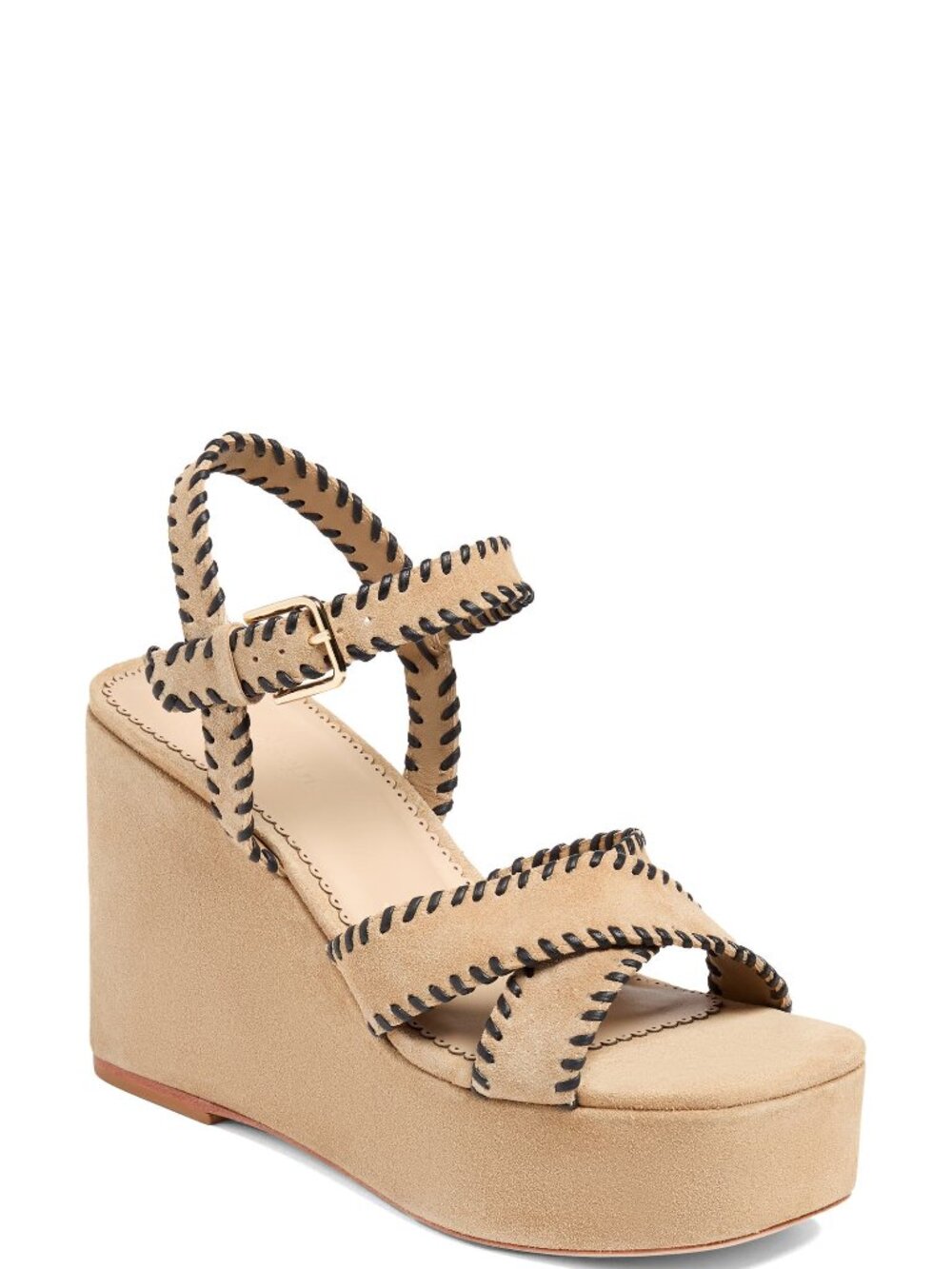 NWT CINQ A SEPT Whipstitch Platform Wedge Sandal Brown Sugar Black Sz 9